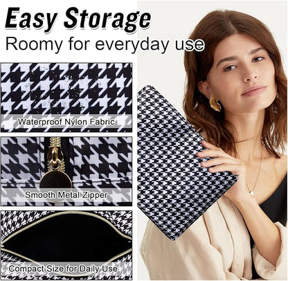 Nylon Large Makeup Bag Black Houndstooth Travel Pouch for Women, Big Preppy Makeup Bag Cute Cosmetic Zipper Pouch Purse, Waterproof Toiletry Bag Clutch Makeup Organizer for Girls(Black Houndstooth)