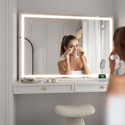 Hasipu Vanity Mirror with Lights, 50" x 34" LED Makeup Mirror, Lighted Makeup Mirror with Dimmable 3 Modes, Touch Screen Control Vanity Mirror Square White