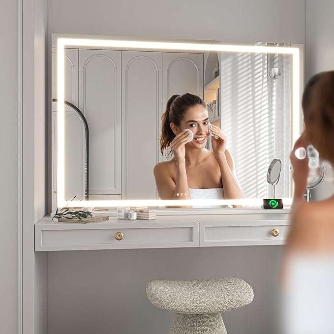 Hasipu Vanity Mirror with Lights, 42" x 30" LED Makeup Mirror, Lighted Makeup Mirror with Dimmable 3 Modes, Touch Screen Control Vanity Mirror Square White