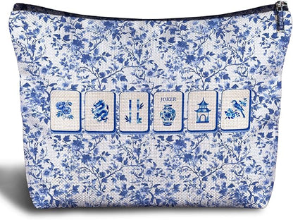 Blue and White Chinoiserie Mahjong Makeup Bag, Mahjong Gifts for Women Cosmetic Bags, Gifts for Mah Jong Players Lovers Makeup Zipper Pouch