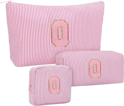 MONSTINA Preppy Chenille Makeup Bag|Personalized Initial Bags with Zipper,Cute Makeup Pouch Stripe Cosmetic Bag,Birthday Gift for Daughter|Preppy Things for Girls,3PCS Pink Q