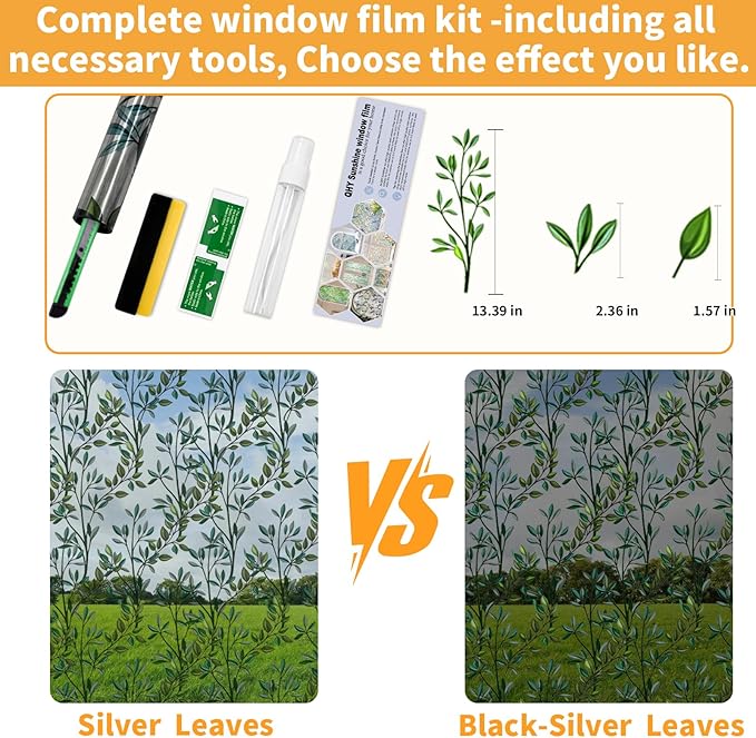 One Way Privacy Film, Window Tint for Home,Daytime Reflective, Anti UV Static Cling Sliding Door Coverings No Glue Garage Solar Paper (Silver-Leaves, 35.4 x 157.4 in)