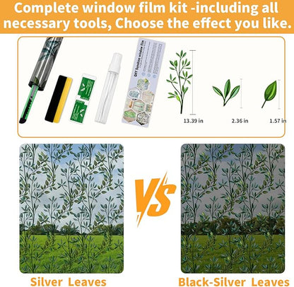 One Way Privacy Film, Window Tint for Home,Daytime Reflective, Anti UV Static Cling Sliding Door Coverings No Glue Garage Solar Paper (Black - Silver-Leaves, 35.4 x 157.4 in)