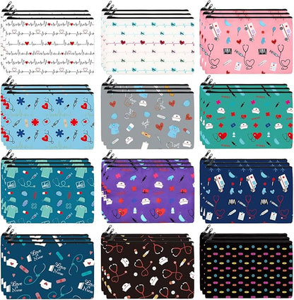 Hillban 36 Pcs Nurse Gifts for Women Makeup Bags Survival Kit Cosmetic Bags Birthday Christmas Gifts for Nurse Practitioner Nursing Zipper Pouch Supplies, 12 Styles