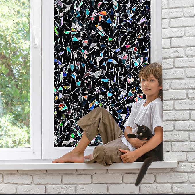 QHY Sunshine Total Blackout Window Film Privacy， Frosted Glass Window Film，Black Window Tint， No Glue， Detachable, no Marks, Suitable for Repeated use (Black Rainbow, 23.6 in X 157.4 in)