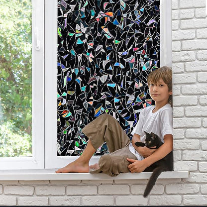 QHY Sunshine Total Blackout Window Film Privacy， Frosted Glass Window Film，Black Window Tint， No Glue， Detachable, no Marks, Suitable for Repeated use (Black Rainbow, 35.4 in X 157.4 in)