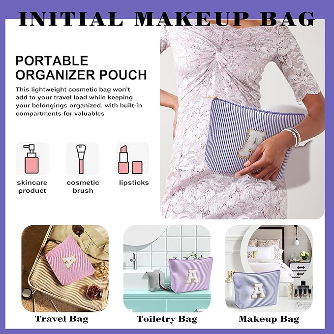 Initial Makeup Bag for Women - Travel Pouch, Portable Cosmetic Bag Make up Kit Pouch | Travel Essentials Cute Makeup Bag Birthday Gifts for Women, Blue Letter T