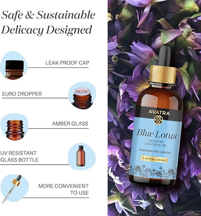 Avatra Blue Lotus Essential Oil for Diffuser, Skin & Candles | Natural & Undiluted Essential Oil | Aromatherapy, Soaps, Candles | Therapeutic Grade Essential Oil- 3.38 Fl Oz