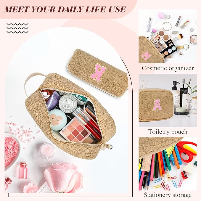 for Christmas Day Gifts, Personalized Initial Cosmetic Bag Pouch for Teen Girls, Preppy Makeup Travel Bags for Daughter Sister Girlfriend, Monogramed Make Up Pouch for Birthday Gifts - Brown Z