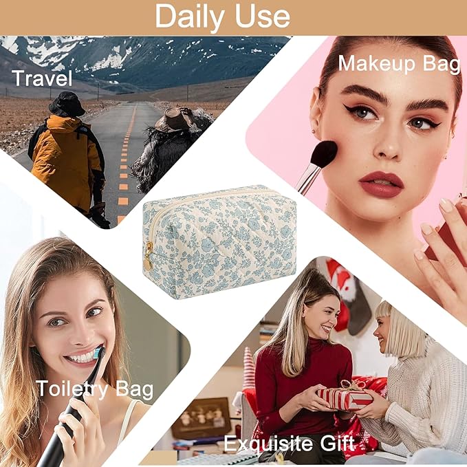 Cute Square Floral Cotton Makeup Cosmetic Bag for Women Girls, Travel Quilted Zipper Make Up Bag, Square Flowers Organizer Case Kawaii Makeup Cosmetic Travel Cloth Pouch (Blue Floral)