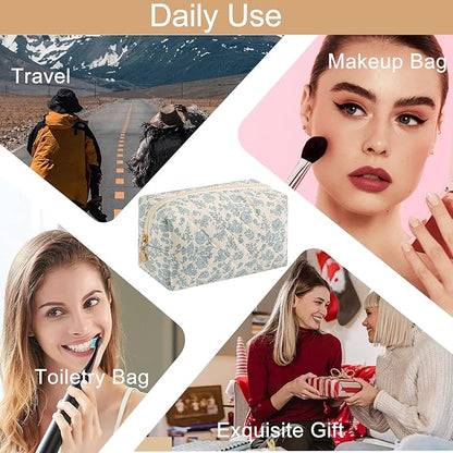 Cute Square Floral Cotton Makeup Cosmetic Bag for Women Girls, Travel Quilted Zipper Make Up Bag, Square Flowers Organizer Case Kawaii Makeup Cosmetic Travel Cloth Pouch (Blue Floral)