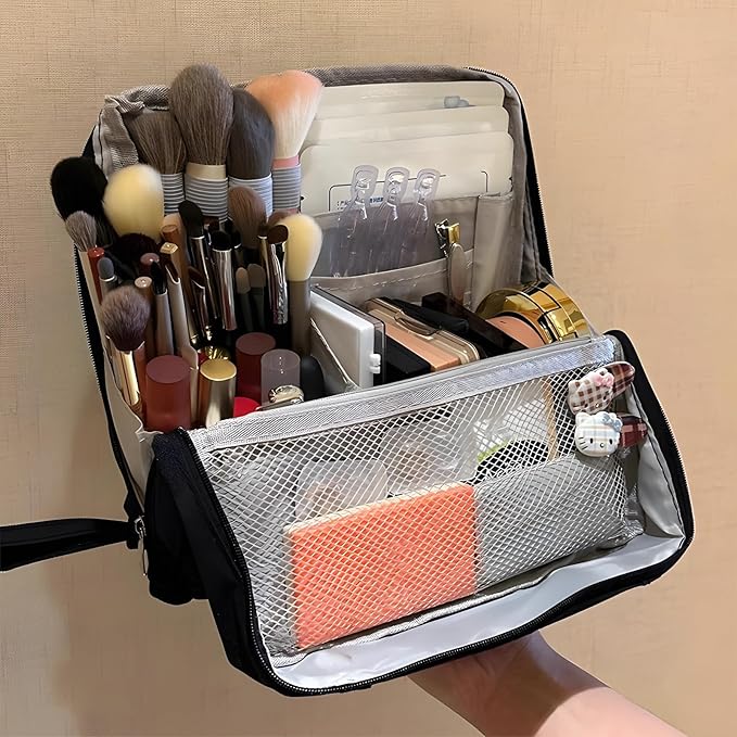 Makeup Bag,Standing Makeup Bag – Portable,Large Capacity Multi-purpose Large Capacity Oxford Cloth Standing Makeupbag Portable, Aterproof,Compartments and Handle (Grey)