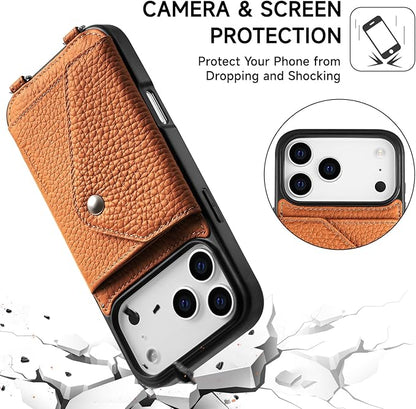 LUCKYCOIN Crossbody Wallet Phone Case for iPhone 17 Pro Max,100% Genuine Leather Wallet Phone Case with Expandable Flip Card Holder,Phone Purse for Women with Adjustable Removable Strap - Pebble Brown