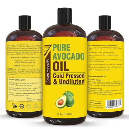 NEW Cold Pressed Avocado Oil For Hair, Skin, & Face - Big 32oz - Premium Grade & Hexane Free, 100% Pure, GMO Free, & Non-Greasy Carrier Oil for Natural Hair and Skincare - Great with Essential Oils
