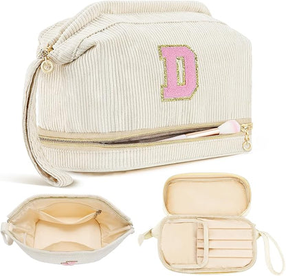 Makeup Bag for Girls Gift, Personalized Christmas Gifts Initial Women Makeup Bag for Travel, Double Layer Cosmetic Bag with Brush Organizer Preppy Make up Bag for Teen Girl Trendy - D