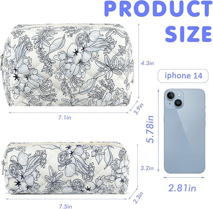 2Pcs Floral Makeup Bag for Women Cotton Quilted Coquette Cosmetic Bag Cute Zipper Black Flower Makeup Pouch Aesthetic Portable Pencil Pouch Travel Toiletry Bag Trendy Cloth Skincare Bag
