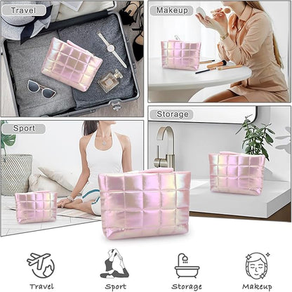 DOB SECHS Quilted Checkered Makeup Bag with Strap, Cute Puffer Cosmetic Bags for Women, Cotton Puffy Toiletry Zipper Pouch, Travel Essentials Storage Organizer Clutch Pencil Case, Iridescent Pink