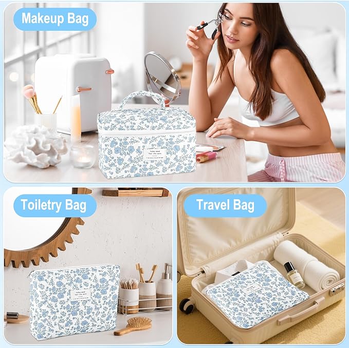 2Pcs Cotton Quilted Makeup Bag for Women Extra Large Small Travel Cosmetic Bag Set Cute Blue Floral Print Makeup Pouch Portable Toiletry Bag Organizer Coquette Vintage Puffy Travel Essential