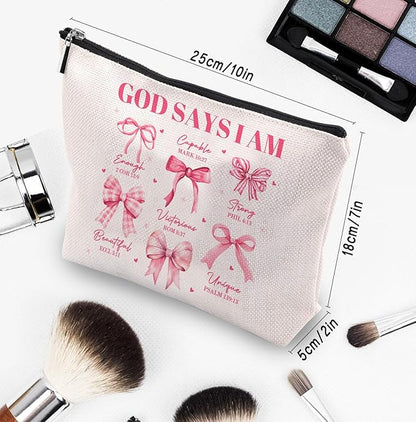 God Says I Am Makeup Bag, Pink Coquette Bow Bible Verse Cosmetic Bag, Inspirational Christian Gifts for Women, Religious Faith Based Gifts Inspirational Affirmations Gift Bag