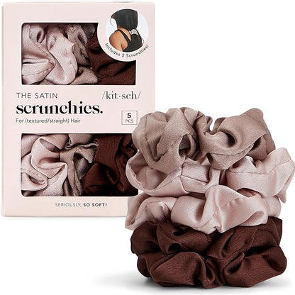 Kitsch Satin Scrunchies for Women - No Crease Hair Ties for Girls | Scrunchies For All Hair Types and Textures, Perfect for Day or Night | Ideal Gifts for Women - 5 Pcs, Cameo