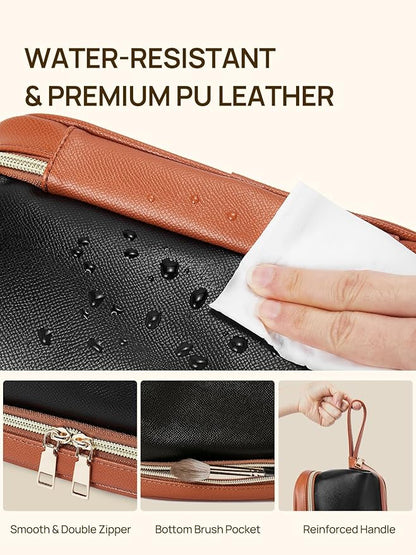 Telena Makeup Bag Large Capacity Travel Cosmetic Bag Portable PU Leather Water Resistant Makeup Organizer Bags for Women with Handle and Divider Open Flat (3-Black with Brown)