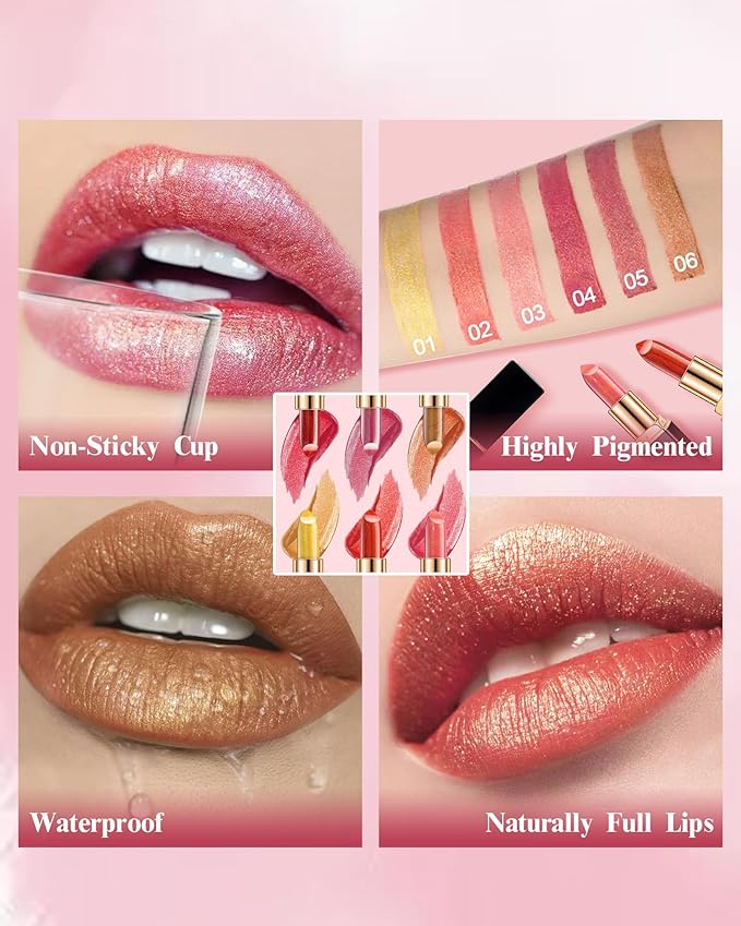 Metallic Rose Color Changing Shimmer Lipstick for Women,3D Shine High Impact Long Lasting Hydrating Transfer Proof Lipstick,Creamy Matte Non Sticky Plumping Lip Gloss,Full Coverage Lip Color Makeup 04
