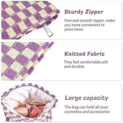 ZLFSRQ 2Pcs Checkered Makeup Bag for Women Large Small Checkered Cosmetic Bag Set Aesthetic Preppy Pencil Case Cute Pencil Pouch Purple Makeup Pouch for Purse Travel Toiletry Bags Zipper Skincare Bags