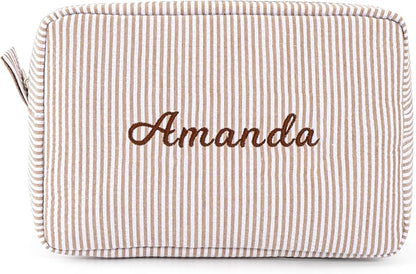 MT WORLD Cosmetic Bag Personalized Makeup Bag for Women Girls Seersucker Preppy Bridesmaid Makeup Bag Cute Aesthetic Toiletry Bag Girls Handbags Purses (Brown)