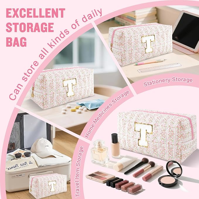Personalized Quilted Cosmetic Bag, Puffy Monogrammed Christmas Birthday Gifts for Women & Girls, Cute initial Floral Makeup Bag Puffer Coquette Bag, Aesthetic Travel Toiletry Zipper Pouch(Pink,T)