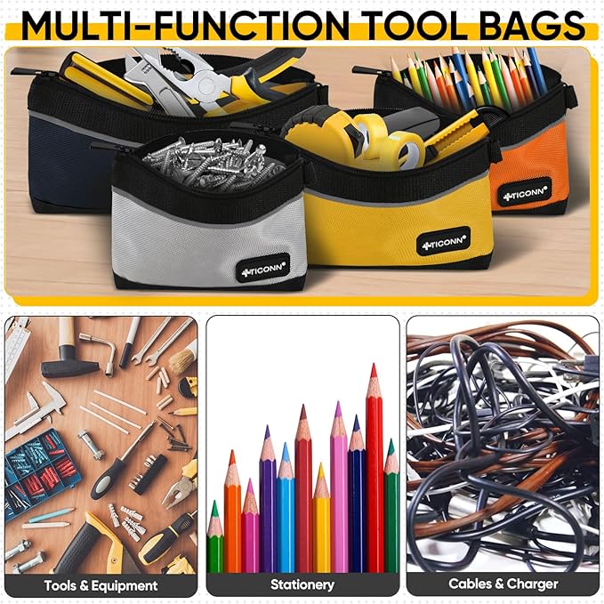 TICONN Tool Pouches with Zipper, 1680D Oxford Small Tool Bags, Waterproof Utility Bag Zipper Pouch for Tool Organizers and Storage (6 Pack Large)