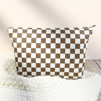 SOIDRAM 2 Pcs Checkered Makeup Bag Large Cosmetic Bag Toiletry Bag Makeup Pouch Travel Bag Organizer Cute Makeup Brushes Aesthetic Accessories Storage Bag for Women Coffee Brown