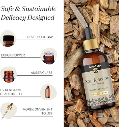Avatra Sandalwood Essential Oil 100ML (3.38 OZ) with Glass Dropper and Travel Bottle, Pure and Natural Therapeutic Grade Sandalwood Oil for Diffuser, Aromatherapy, Massage, and DIY Candle Products