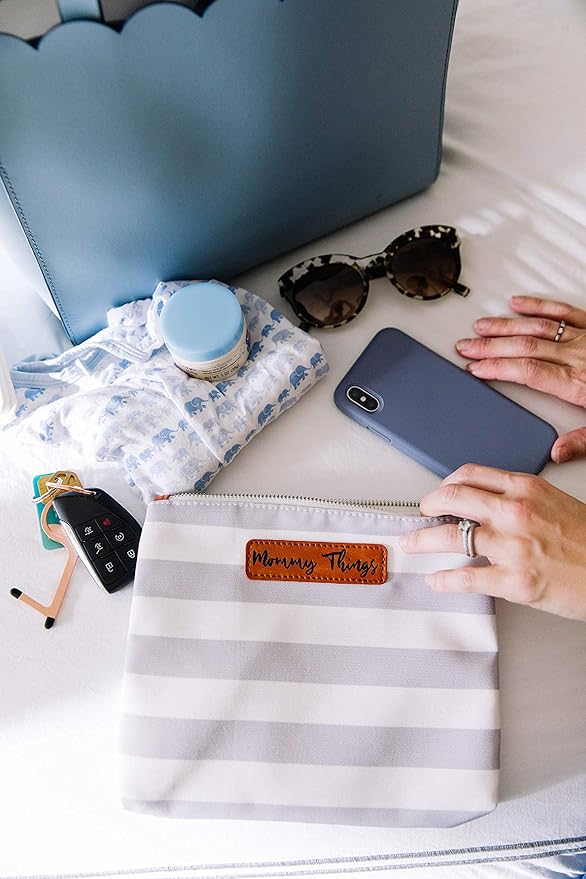 Stylish Diaper Bag Organizing Pouches - XL Set of 4 Navy and White Striped Canvas Diaper Bag Pouches with Leather Embossed Labels, Leather Wristlet Strap & Durable Metal Zippers