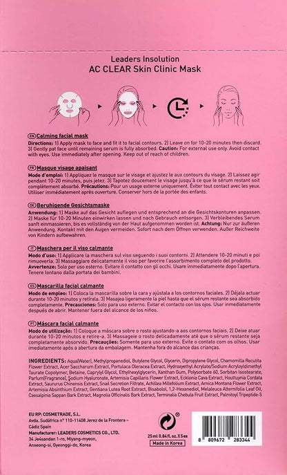 Leaders Insolution AC Clear Skin Clinic Mask | Snail Secretion & Tea Tree Oil for Acne, Redness, Oil Control | 100% Cotton Bemliese Sheet | Balances & Soothes Sensitive Skin (10 Sheets)