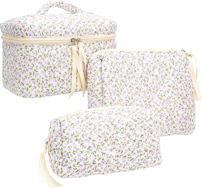 PAZIMIIK 3PCS Makeup Bag SET Large Travel Quilted Zipper Soft Cosmetic Case Pouch for Women Girls Make Up,Floral Purple