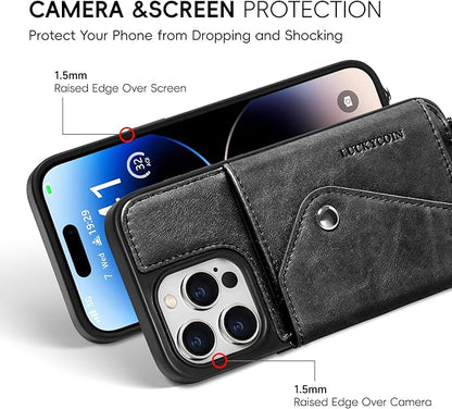 LUCKYCOIN Crossbody Wallet Phone Case for iPhone 14 Pro,100% Genuine Leather Wallet Phone Case with Expandable Flip Card Holder,Phone Purse for Women with Adjustable Removable Strap - Black
