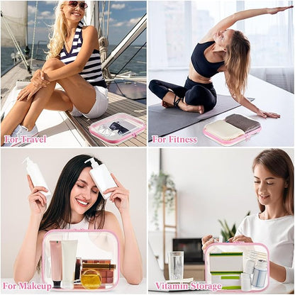 Hoolerry 3 Pcs Clear Hard Zipper Case Plastic Pouch Transparent Hard Case Clear Makeup Bag Portable Travel Organizer Bin for Cosmetics, Building Blocks, Puzzles(Pink,M)