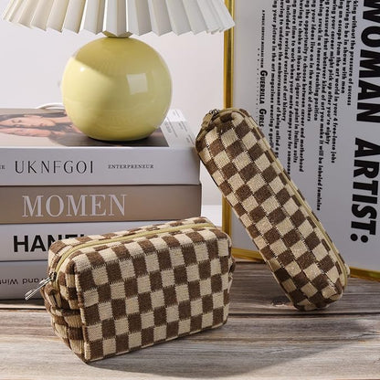 SOIDRAM Large Capacity Makeup Bag and Brush Storage Bag - Checkered Cosmetic Bag and Travel Toiletry Organizer