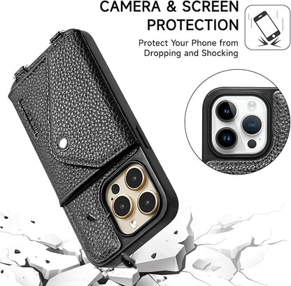 LUCKYCOIN Crossbody Wallet Phone Case for iPhone 14 Pro,100% Genuine Leather Wallet Phone Case with Expandable Flip Card Holder,Phone Purse for Women with Adjustable Removable Strap - Pebble Black