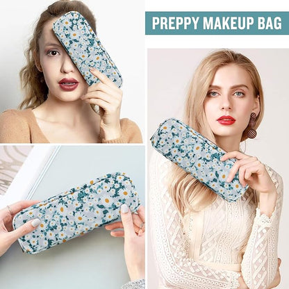 izuzta Nylon Small Floral Makeup Bag Slim Pouch, Preppy Cute Makeup Brush Case Bag Flower Cosmetic Zipper Pouch Purse, Waterproof Travel Toiletry Bag Coin Pouch Make Up Organizer Women(Green-Daisy)