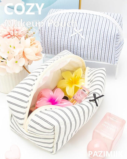 PAZIMIIK 6PCS Cozy Makeup Bag Small Aesthetic Travel Zipper Cosmetic Pouch for Women Make Up Beauty Accessories Brushes, Stripe Black