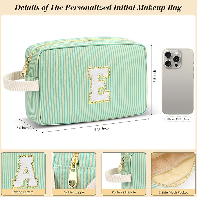 Travel Makeup Bag Christmas Gifts for Women Girl Teens, Personalized Initial Makeup Bag for Cute Teen Girls, Preppy Stuff Toiletry Bag Cosmetic Bag, Teen Girls Gift Trendy Stuff, Letter D