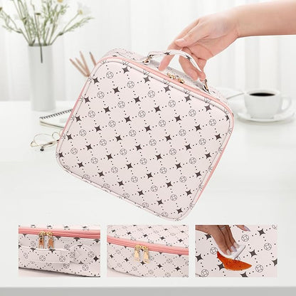 Travel Makeup Bag,Waterproof Cosmetic Organizer, Adjustable Dividers,Portability Cosmetic Train Case,Makeup organizer,Gift for Women,Girls Gift (Beige+Pink)