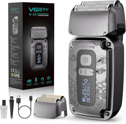 Foil Shaver for Men, Electric Razor for Men Face Beard, Waterproof Cordless Electric Razor for Travel, 4-Speed Setting, USB-C Rechargeable, LED Battery Display, Barber or Home Use (Gray)