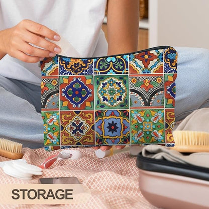 Bohemian Tile Pattern Makeup Bag, Ethnic Moroccan and Mexican Talavera Tile Cosmetic Bag for Women, Vintage Floral Makeup Pouch, Mexican Gifts for Women