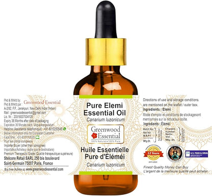 Greenwood Essential Elemi Essential Oil (Canarium luzonicum) with Glass Dropper | Pure | Non-Sticky | Non-Greasy | Lightweight | Men & Women | All Skin Types | Steam Distilled 10ml (0.33 oz)