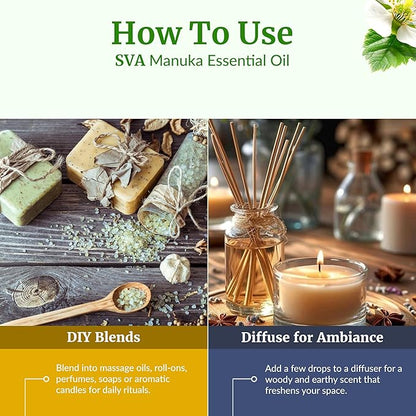 SVA Manuka Essential Oil – 1/3 Fl Oz – 100% Natural Manuka Oil - for Diffuser, Hair Care, Face, Skin Care, Aromatherapy, Scalp and Body Massage, Soap and Candle Making