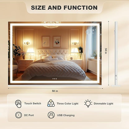 Hasipu Vanity Mirror with Lights, 50" x 34" LED Makeup Mirror, Lighted Makeup Mirror with Dimmable 3 Modes, Touch Screen Control Vanity Mirror Square White