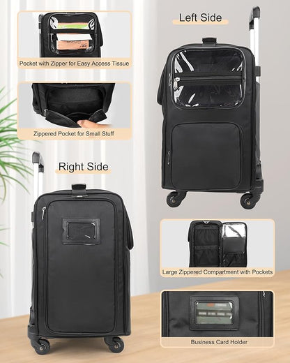 Relavel Rolling Makeup Train Case with Large Clear Makeup Bag, Hairstylist Traveling Bag with 4 Wheels, Cosmetic Storage Organizer Hair Stylist Travelling Bag with Adjustable Dividers & Shoulder Strap