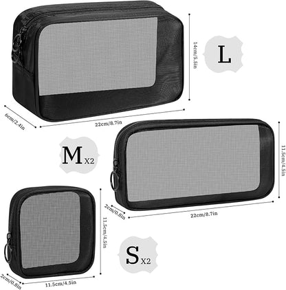 5 Pieces Mini Zipper Nylon Mesh Pouch, Mesh Cosmetic Bags Makeup Bags, Multipurpose Travel Toiletry Bags for Office Supplies and Travel Accessories (Heart Print-Beige, Assorted Sizes)